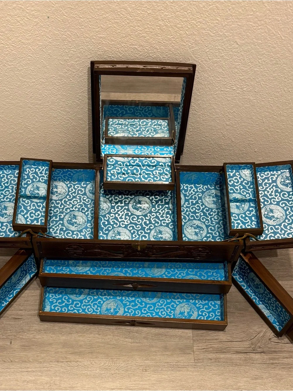 Decorative Blue Fabric-Lined Jewelry Box with Mirror - Brand Unspecified